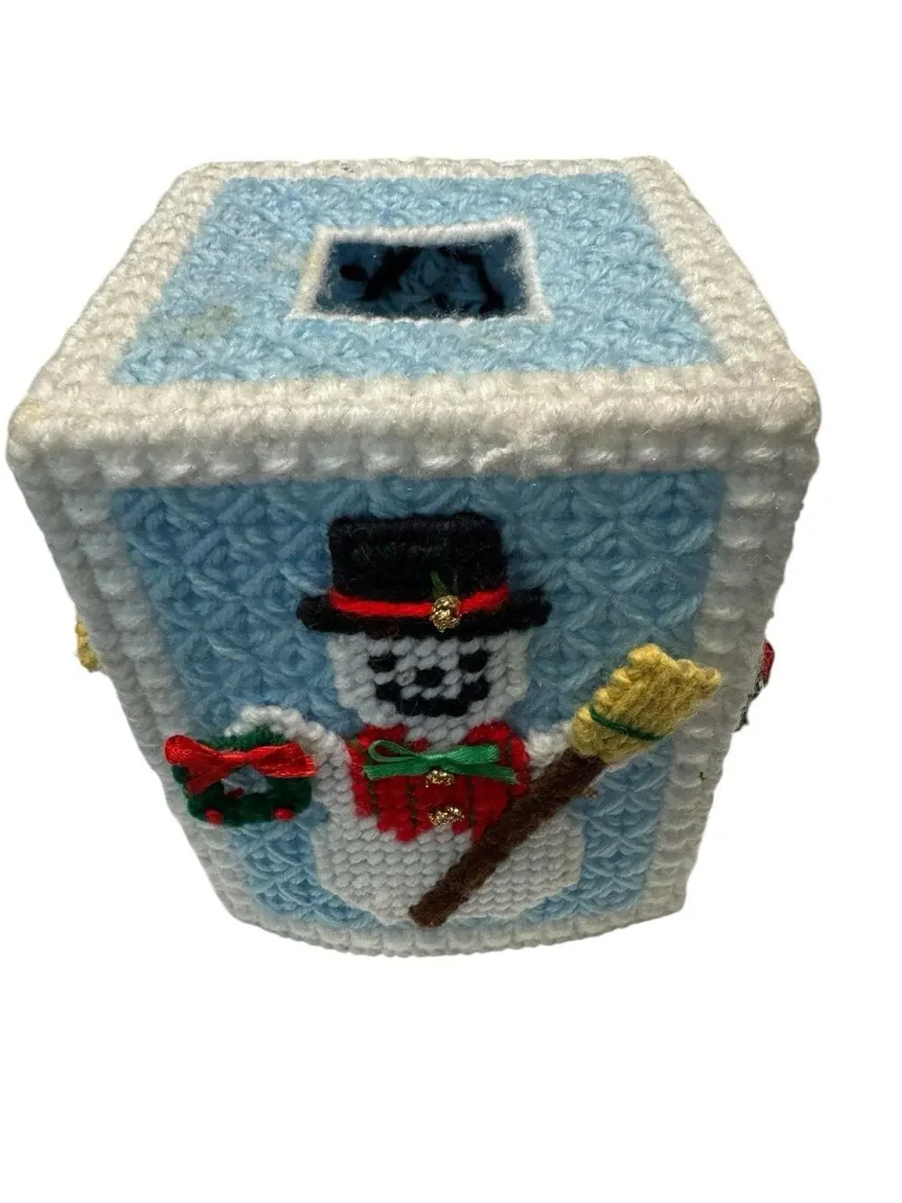 VTG Needle Point Plastic Frosty Snowman Tissue Box Cover Completed Grannycore